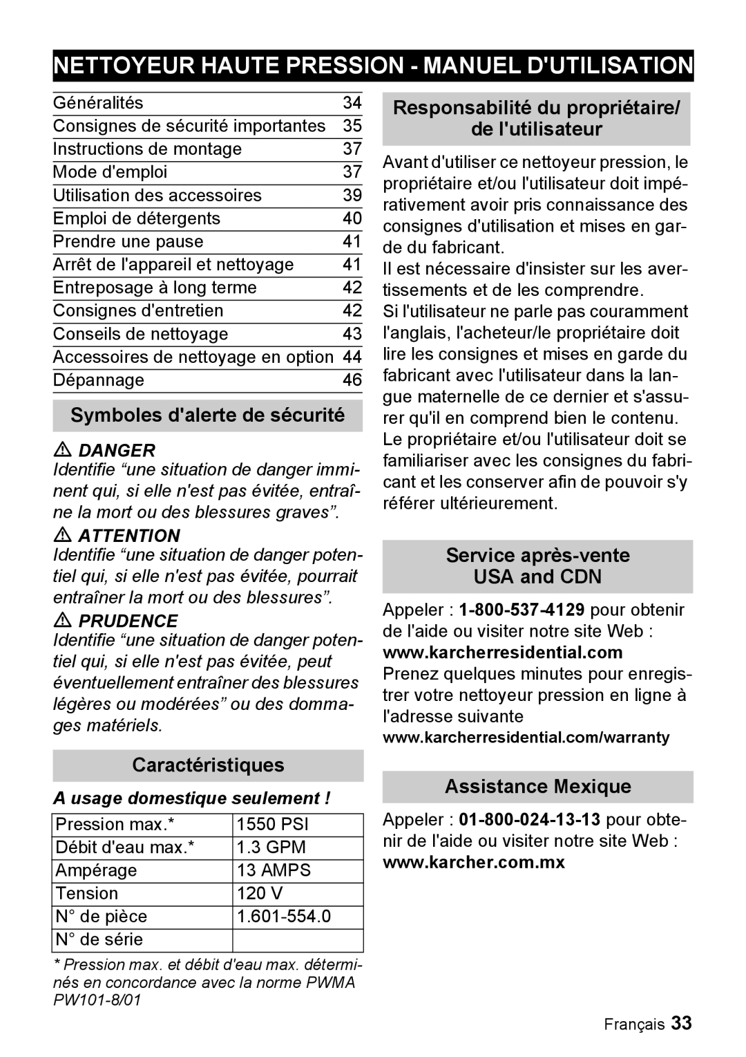 Karcher K 2.28 manual Nettoyeur Haute Pression Manuel Dutilisation, Symboles dalerte de sécurité, Assistance Mexique 