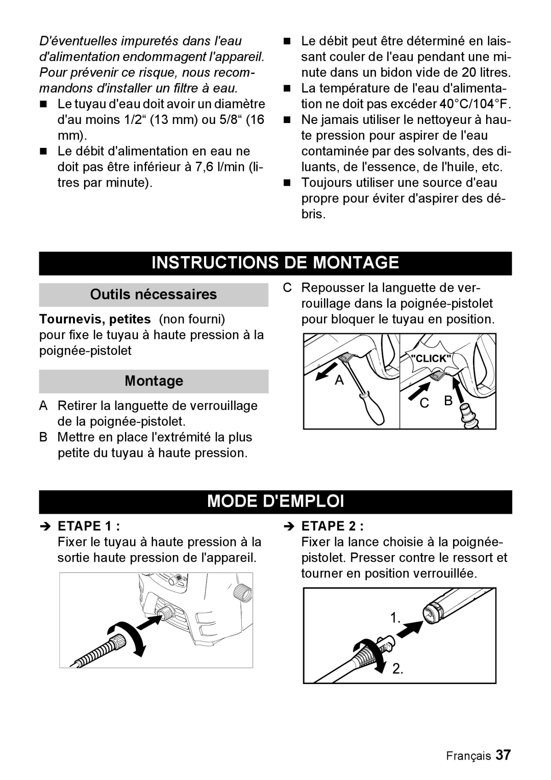 Karcher K 2.28 manual Instructions DE Montage, Mode Demploi, Outils nécessaires, Tournevis, petites non fourni 