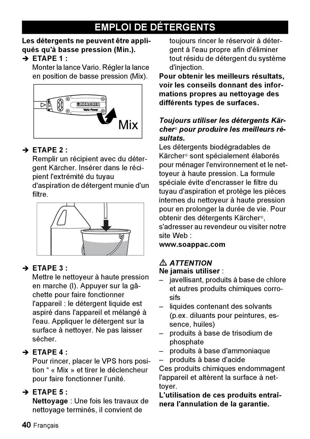 Karcher K 2.28 manual Emploi DE Détergents 