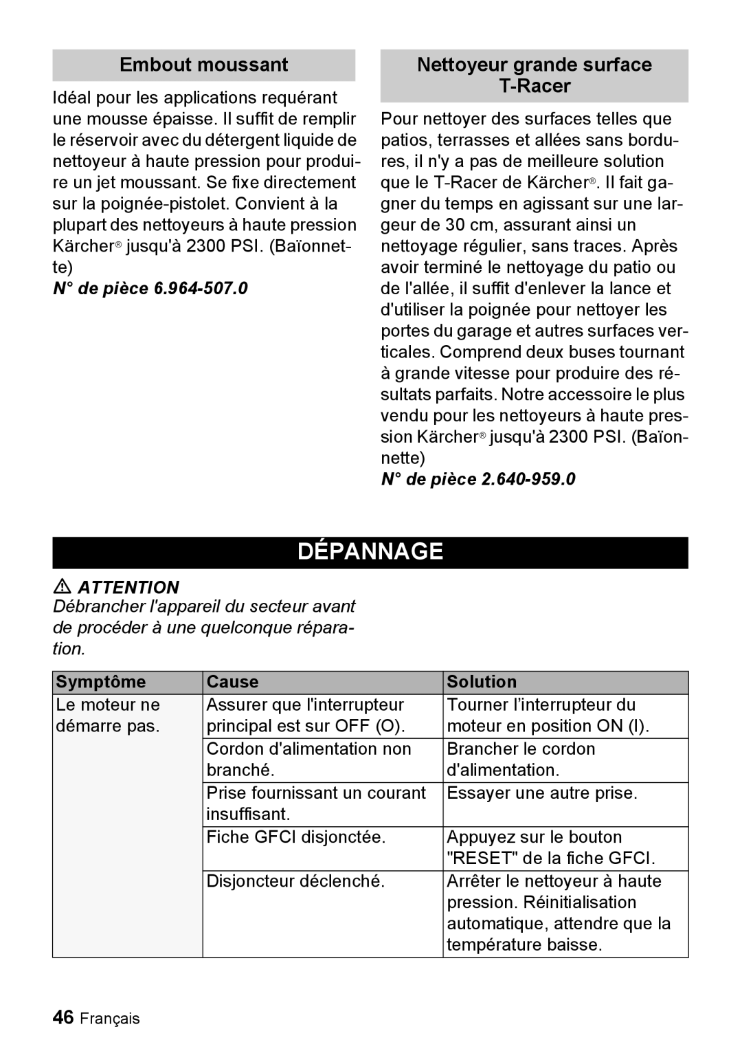 Karcher K 2.28 manual Dépannage, Embout moussant, Nettoyeur grande surface Racer, Symptôme Cause Solution 