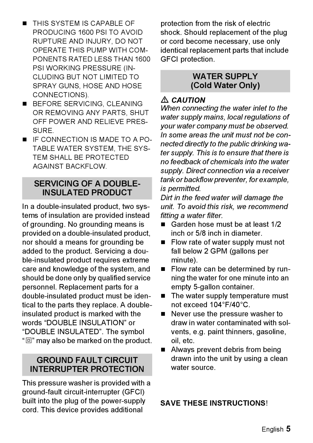 Karcher K 2.28 manual Servicing of a Double Insulated Product, Water Supply Cold Water Only 