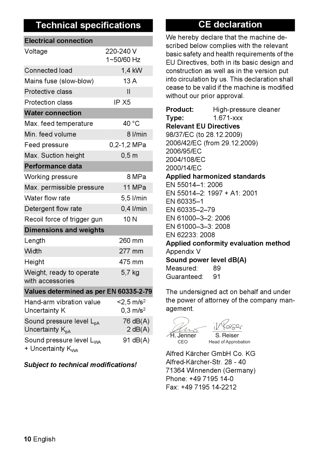 Karcher K 2.29 M manual Technical specifications, CE declaration 