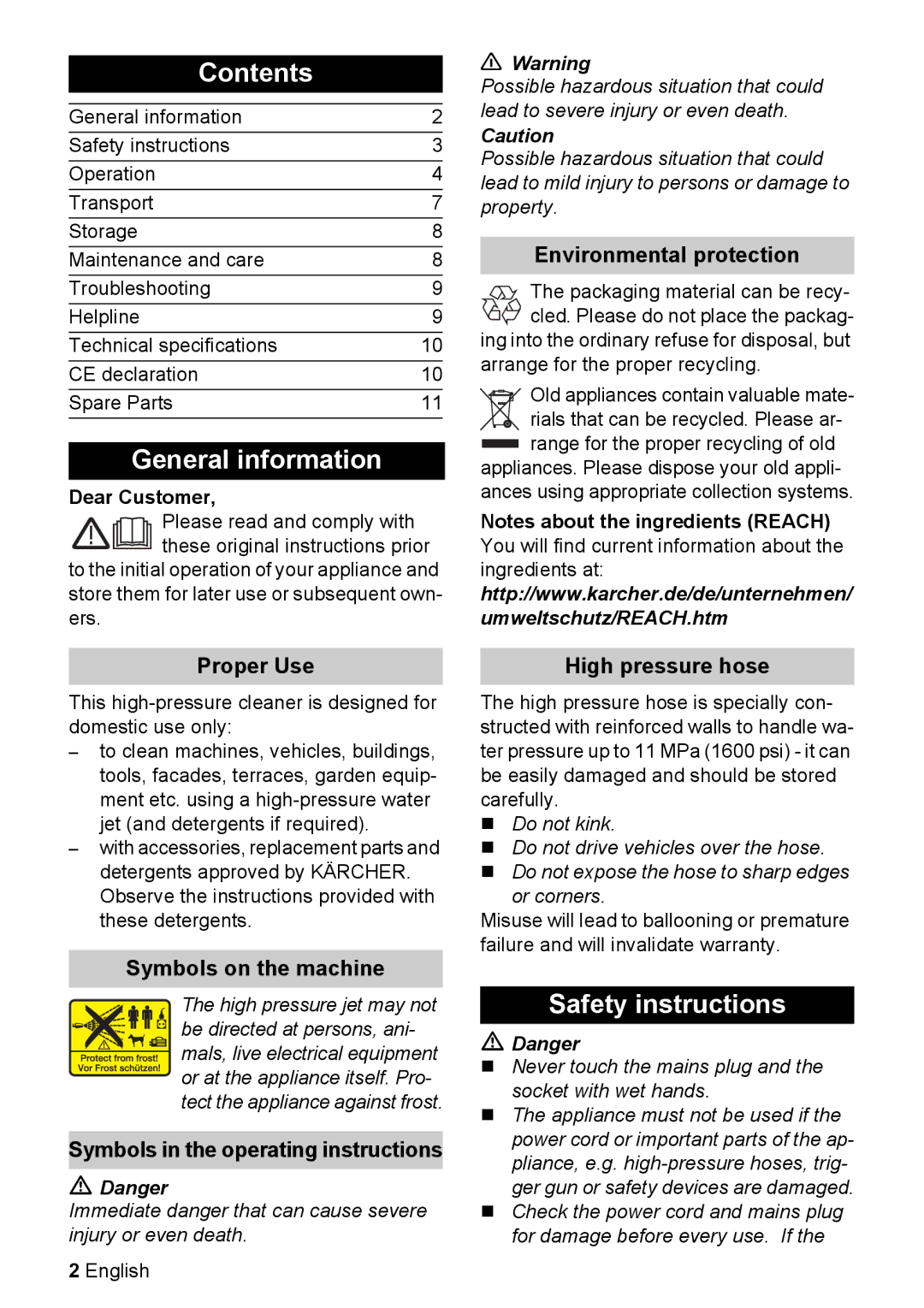 Karcher K 2.29 M manual Contents, General information, Safety instructions 