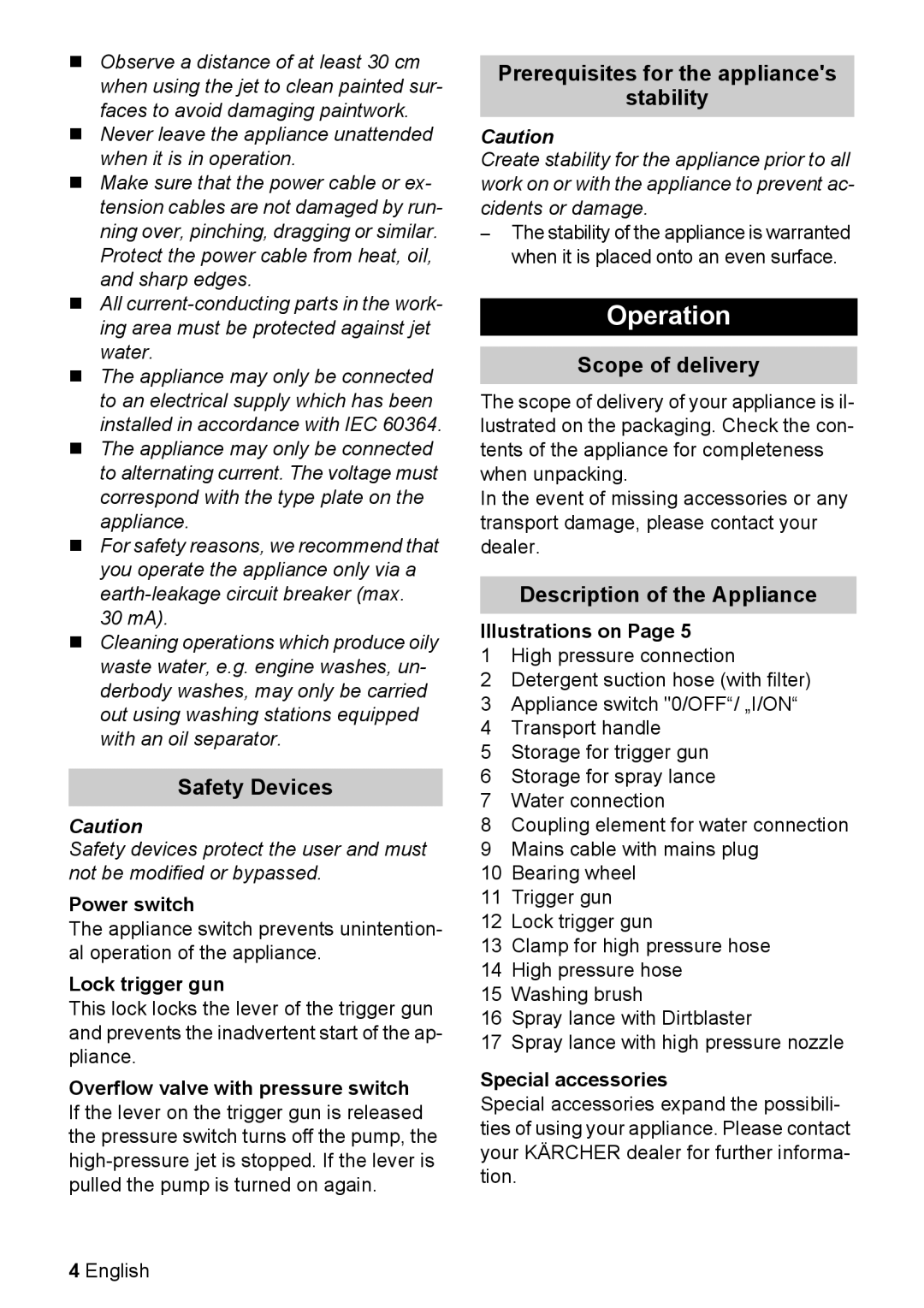 Karcher K 2.29 M manual Operation, Safety Devices, Prerequisites for the appliances Stability, Scope of delivery 