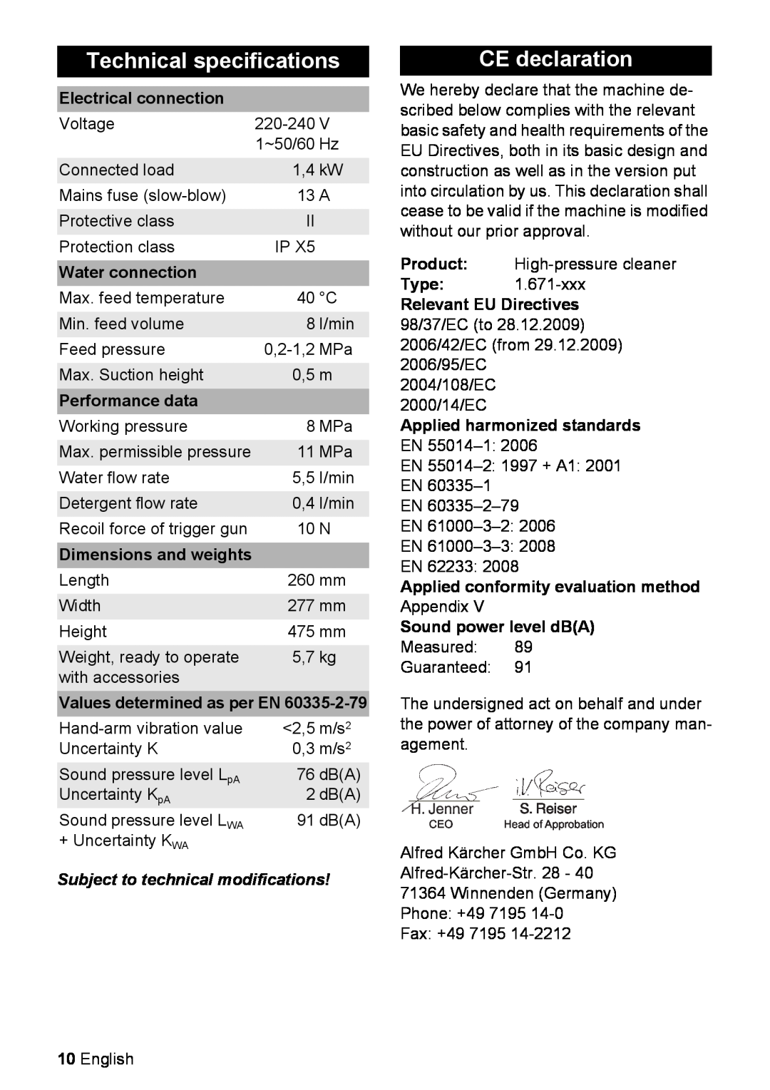 Karcher K 2.29 M manual Technical specifications, CE declaration, Electrical connection, Water connection, Performance data 