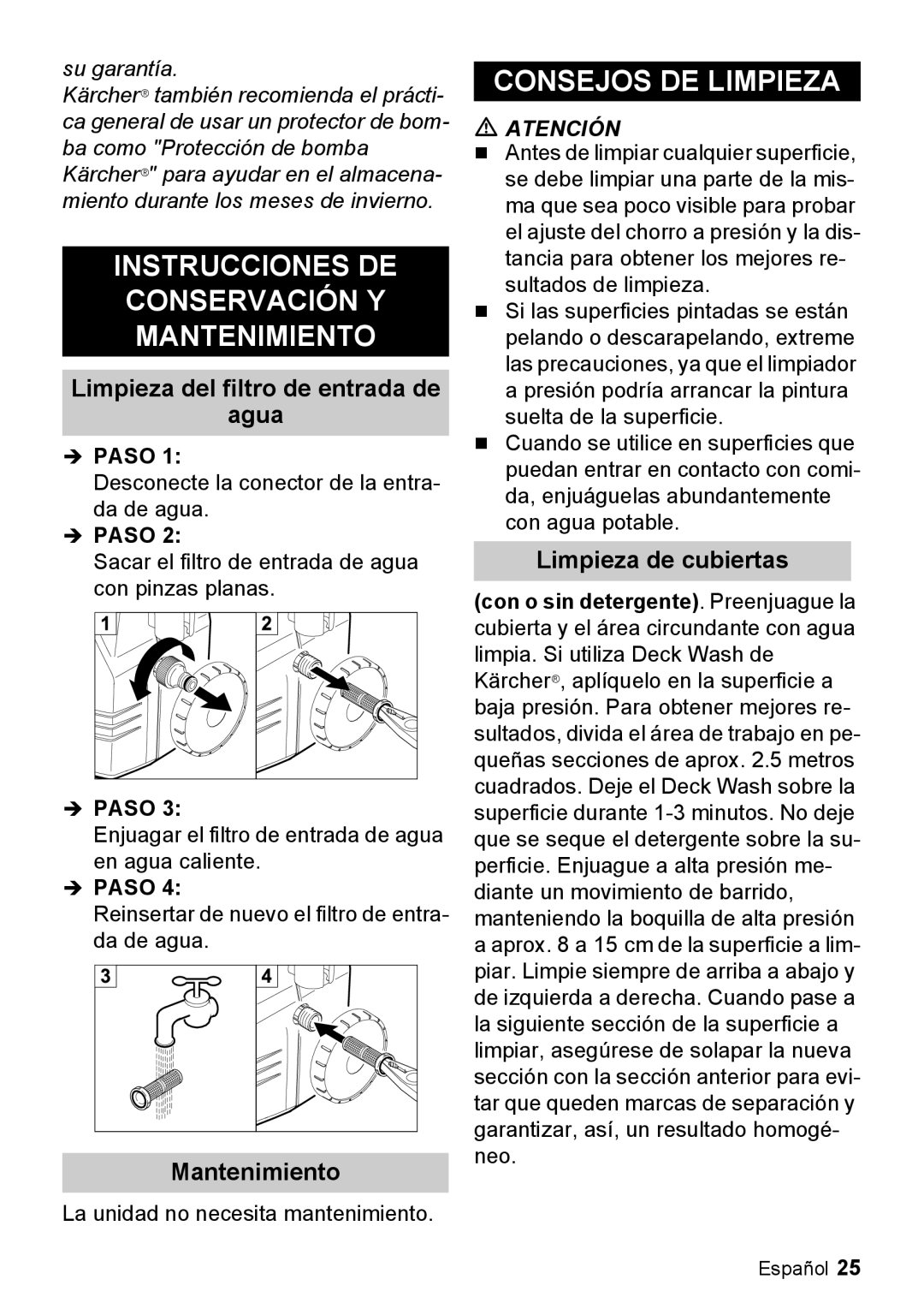 Karcher K 2.29 Instrucciones DE Conservación Y Mantenimiento, Consejos DE Limpieza, Limpieza del filtro de entrada de Agua 