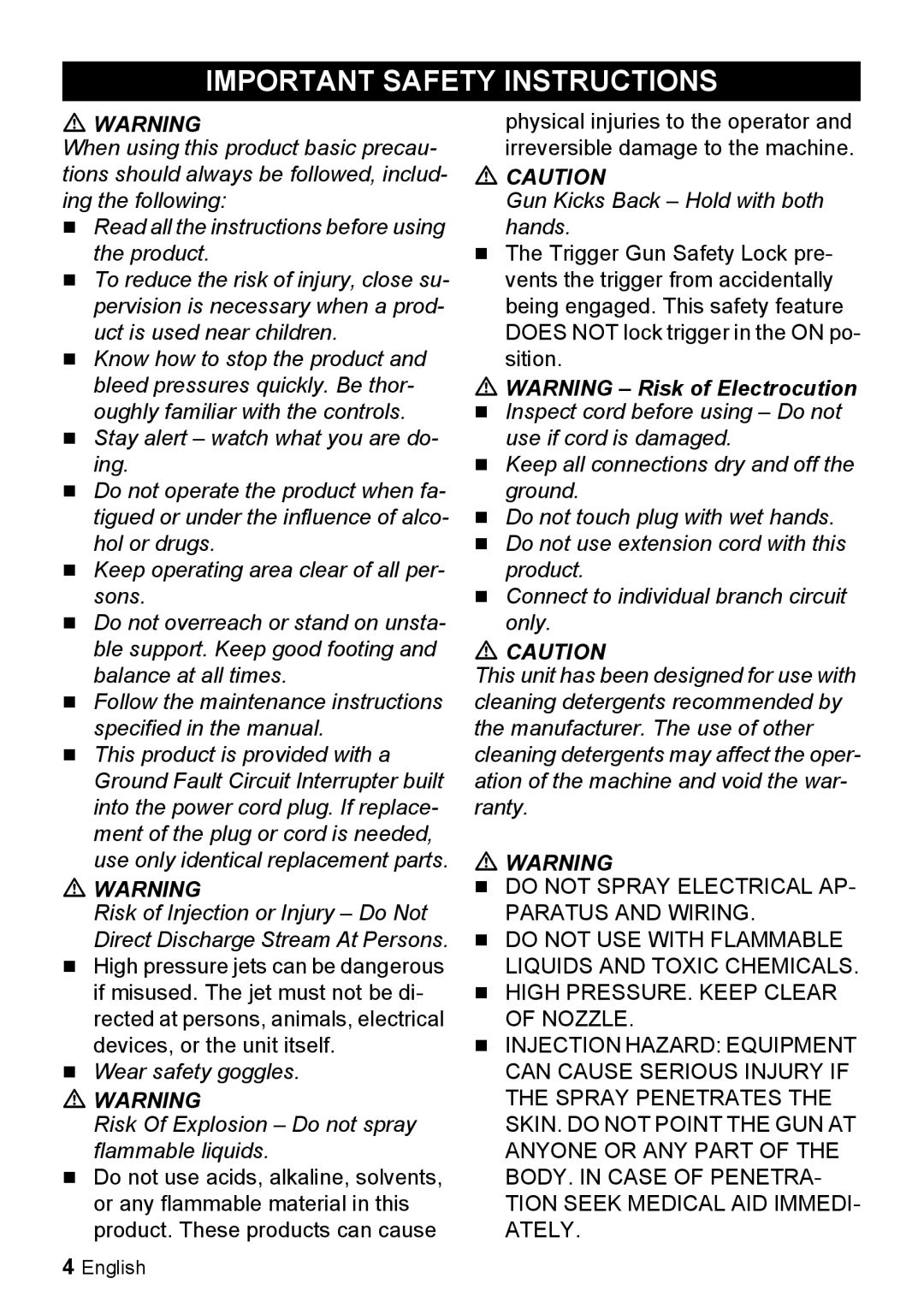 Karcher K 2.29 manual Important Safety Instructions, Gun Kicks Back Hold with both hands 