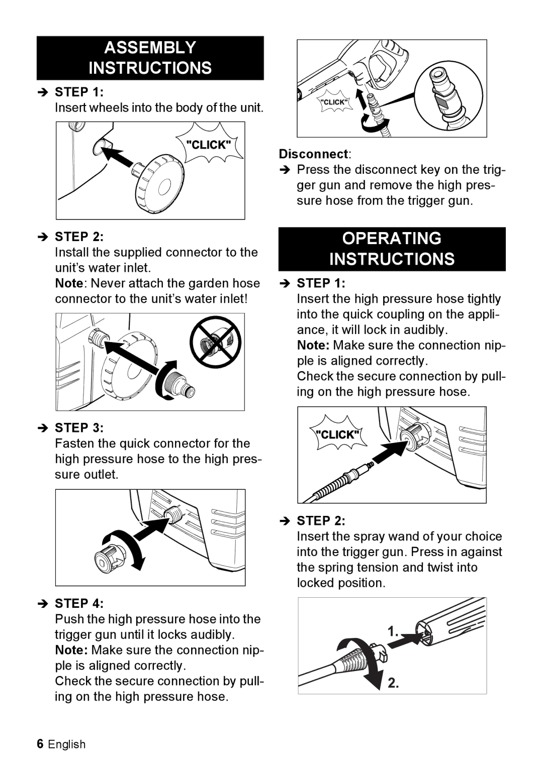 Karcher K 2.29 manual Assembly Instructions, Operating Instructions, Disconnect 