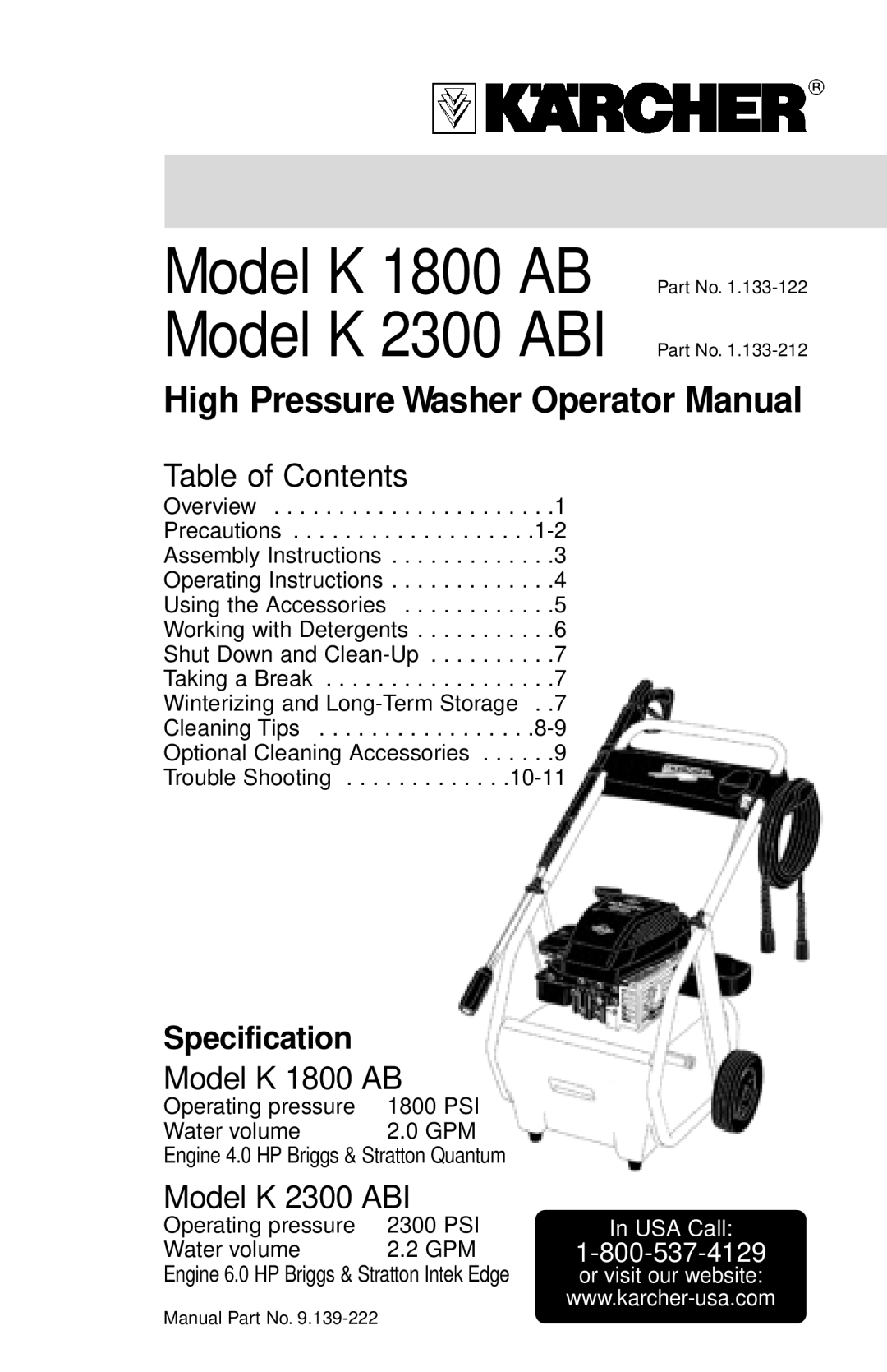 Karcher manual Model K 1800 AB Model K 2300 ABI 