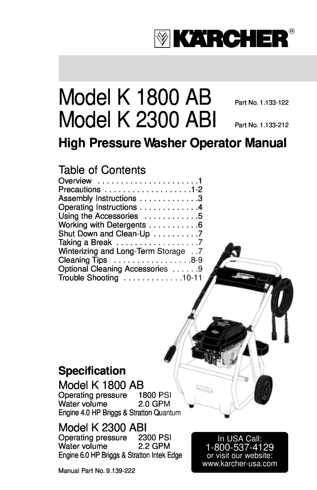 Karcher manual Table of Contents, In USA Call, Model K 1800 AB Model K 2300 ABI, Specification 