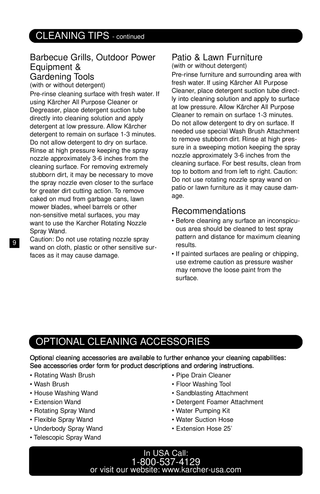 Karcher K 2300 ABI manual CLEANING TIPS - continued, Optional Cleaning Accessories, Patio & Lawn Furniture, Recommendations 