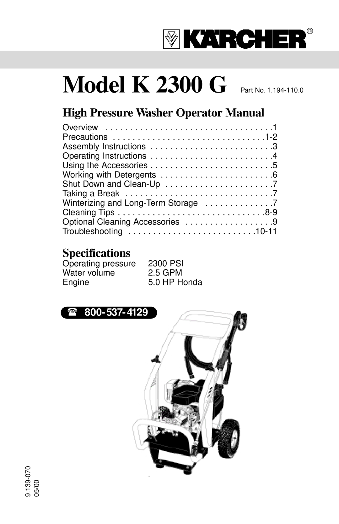 Karcher K 2300 G specifications High Pressure Washer Operator Manual 