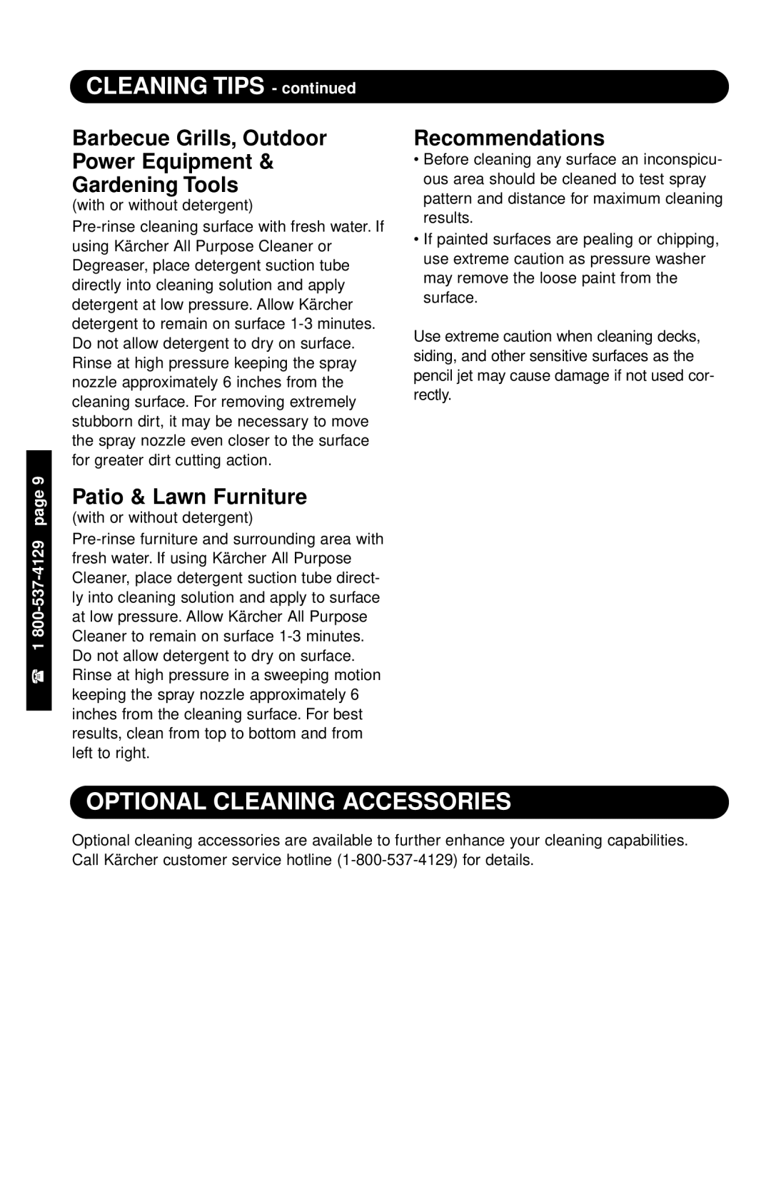 Karcher K 2300 G specifications Cleaning Tips, Optional Cleaning Accessories 