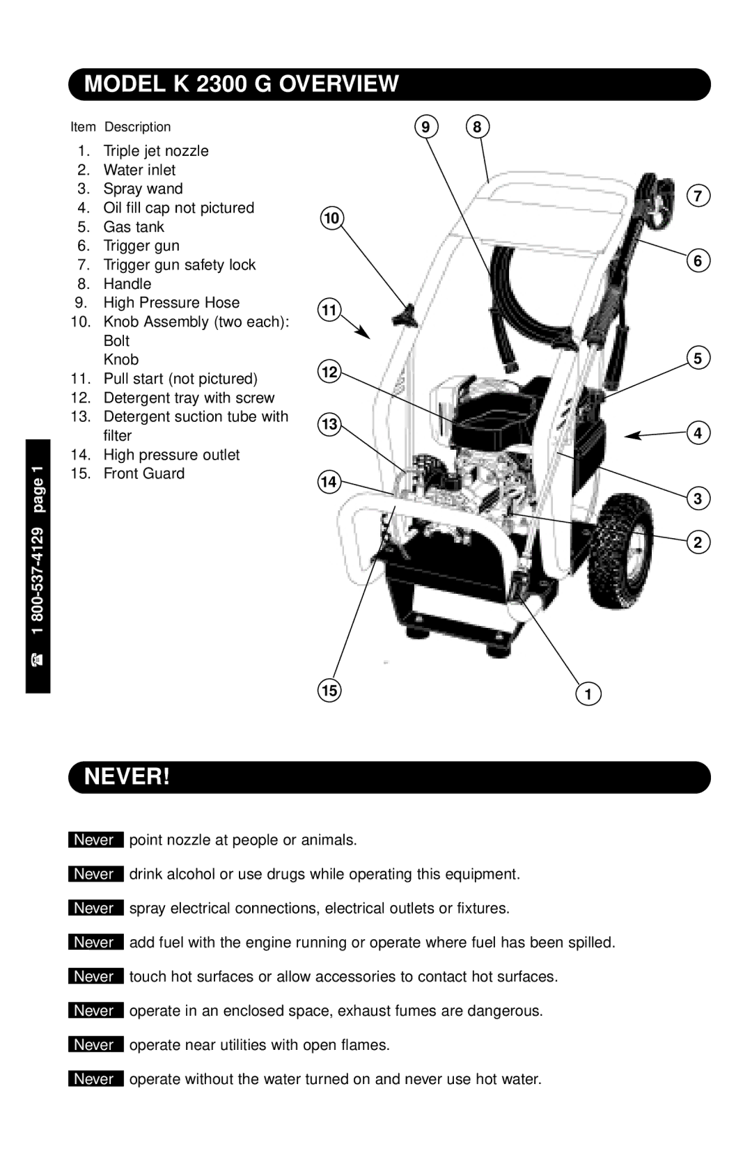 Karcher specifications Model K 2300 G Overview, Never 