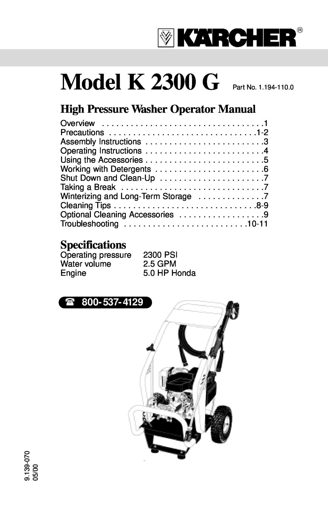 Karcher K 2300 G specifications 800- 537, High Pressure Washer Operator Manual, Specifications 