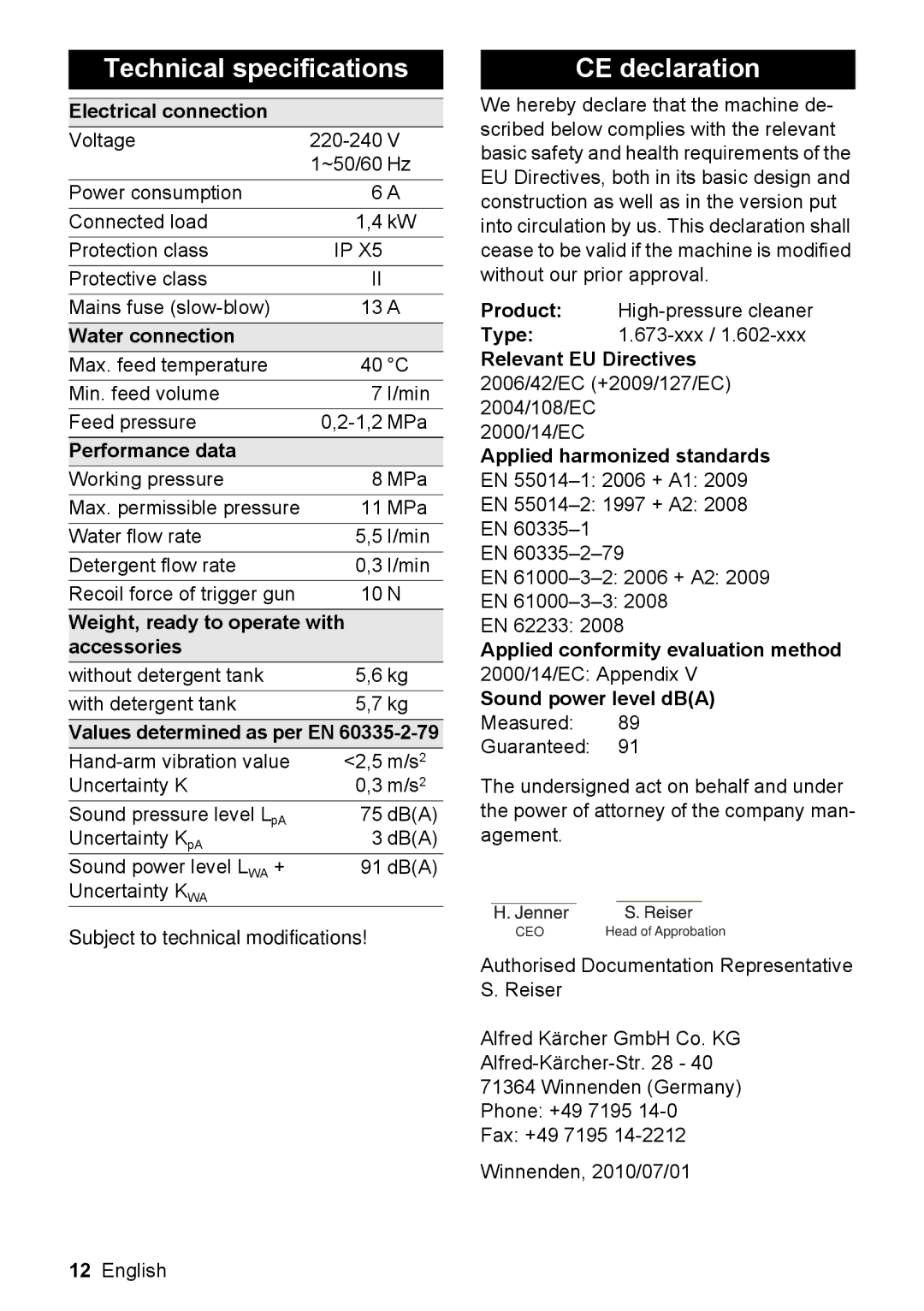 Karcher K 2.300, K 2.399 manual Technical specifications, CE declaration 