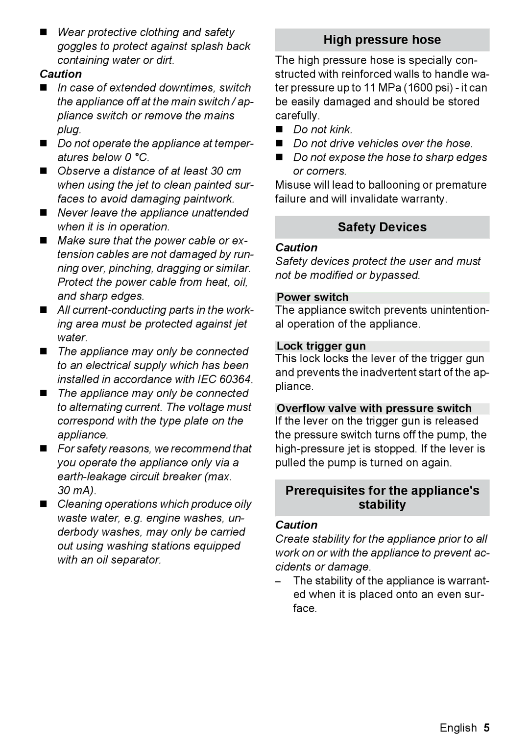 Karcher K 2.399, K 2.300 manual High pressure hose, Safety Devices, Prerequisites for the appliances Stability, Power switch 