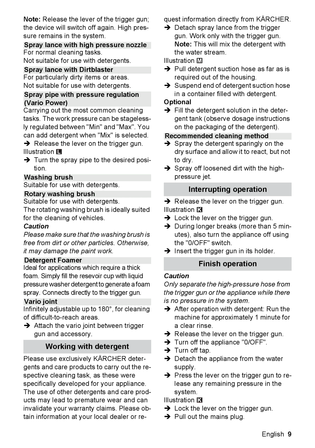 Karcher K 2.399, K 2.300 manual Working with detergent, Interrupting operation, Finish operation 