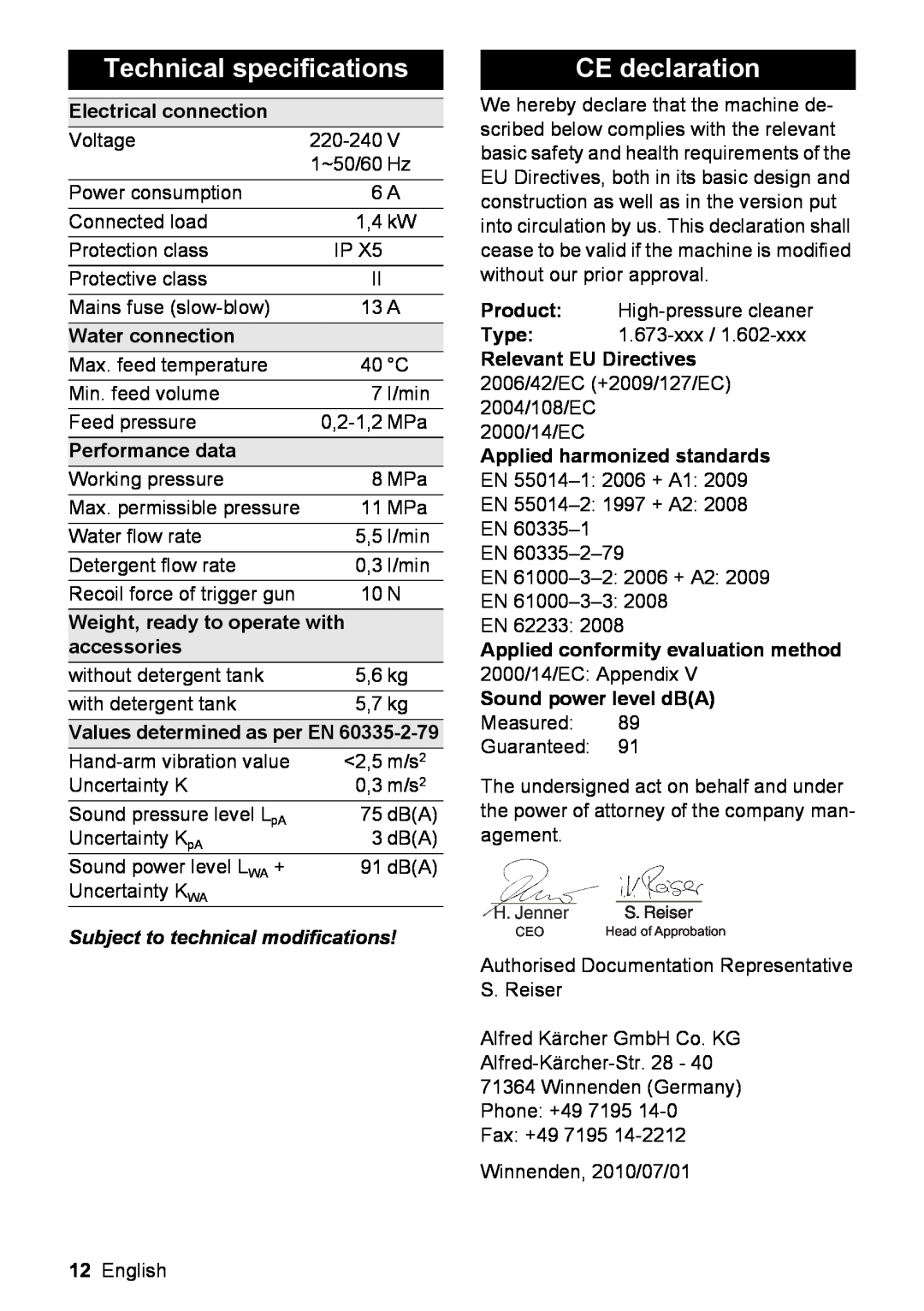 Karcher K 2.300 manual Technical specifications, CE declaration, Electrical connection, Water connection, Performance data 