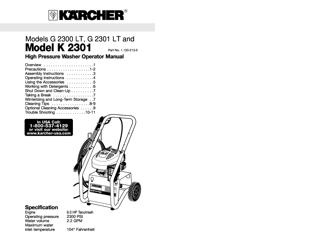 Karcher G 2300 LT, G 2301 LT, K 2301 manual High Pressure Washer Operator Manual, Specification, In USA Call 
