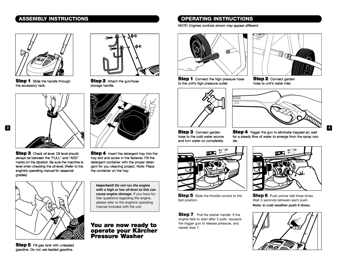 Karcher K 2301 manual Assembly Instructions, Operating Instructions, NOTE: Engines controls shown may appear different 