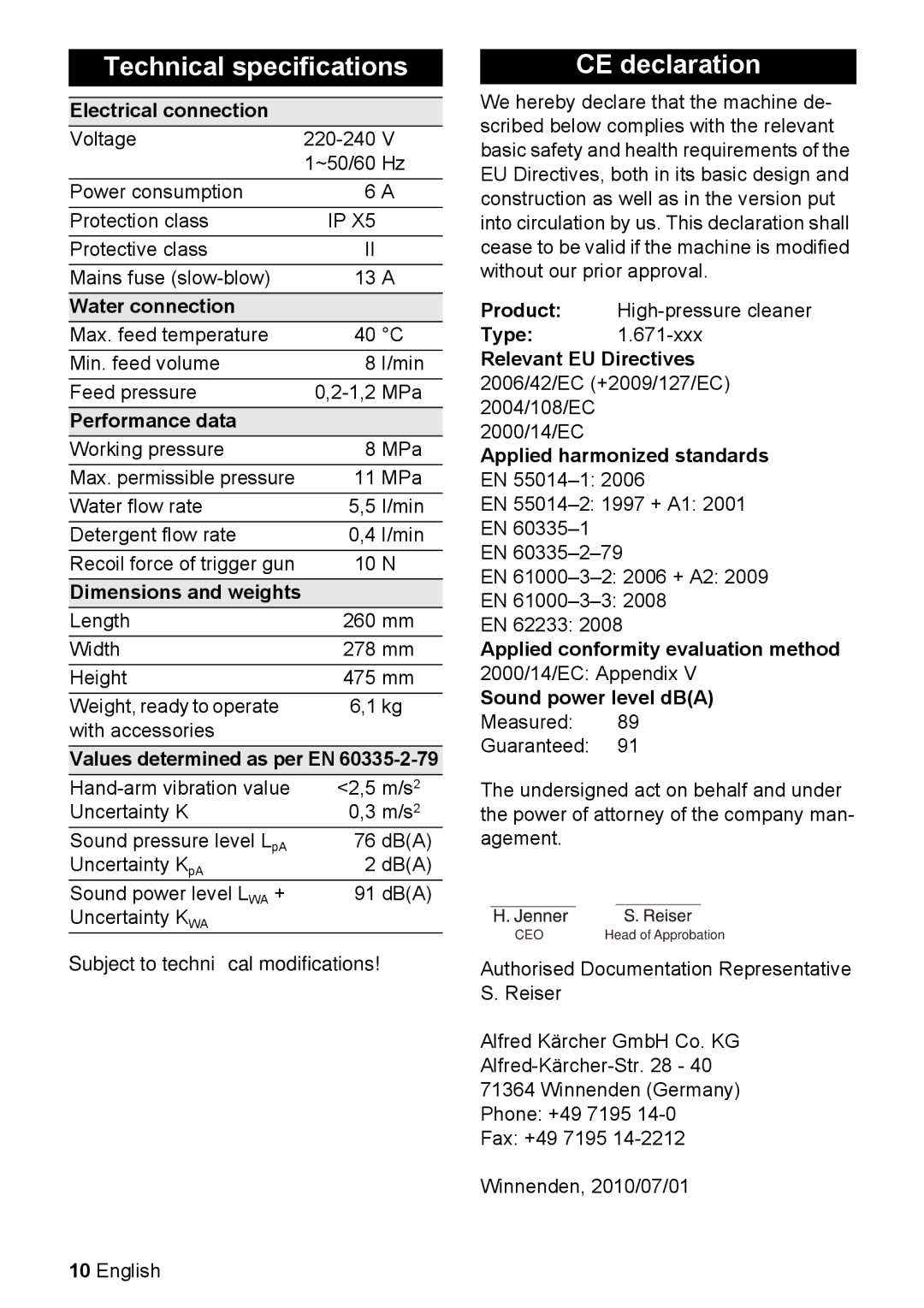 Karcher K 2.32 M manual Technical specifications, CE declaration 