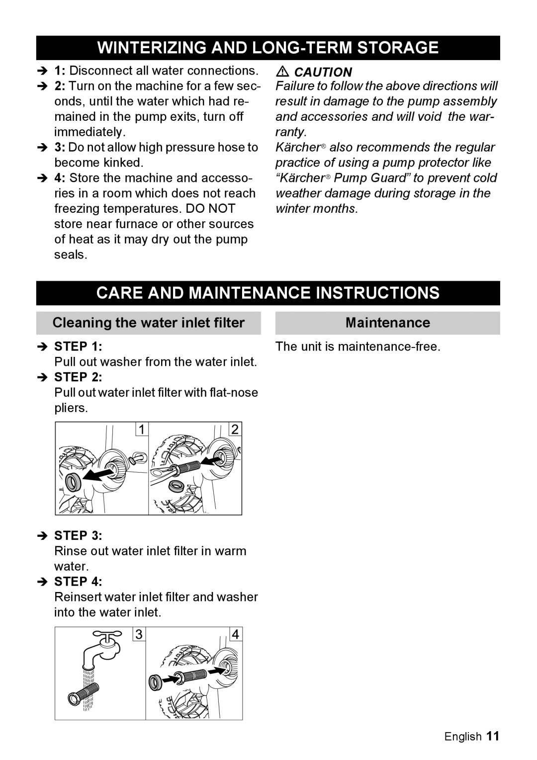 Karcher K 2.350 manual Winterizing and LONG-TERM Storage, Care and Maintenance Instructions 