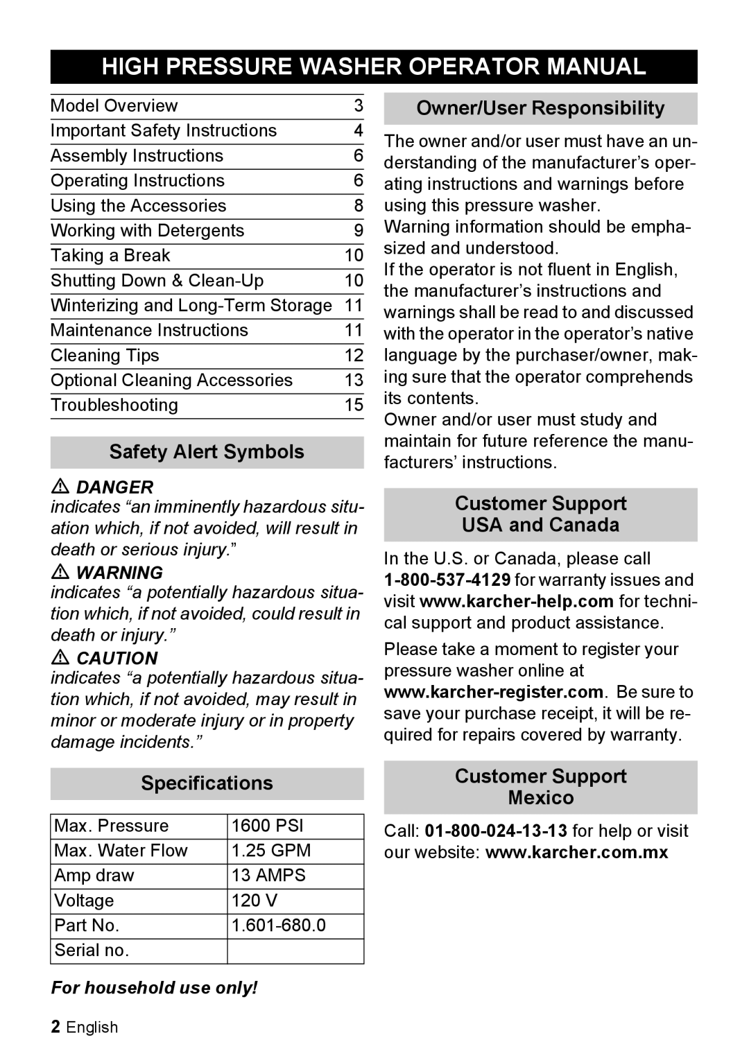 Karcher K 2.350 High Pressure Washer Operator Manual, Owner/User Responsibility, Safety Alert Symbols, USA and Canada 