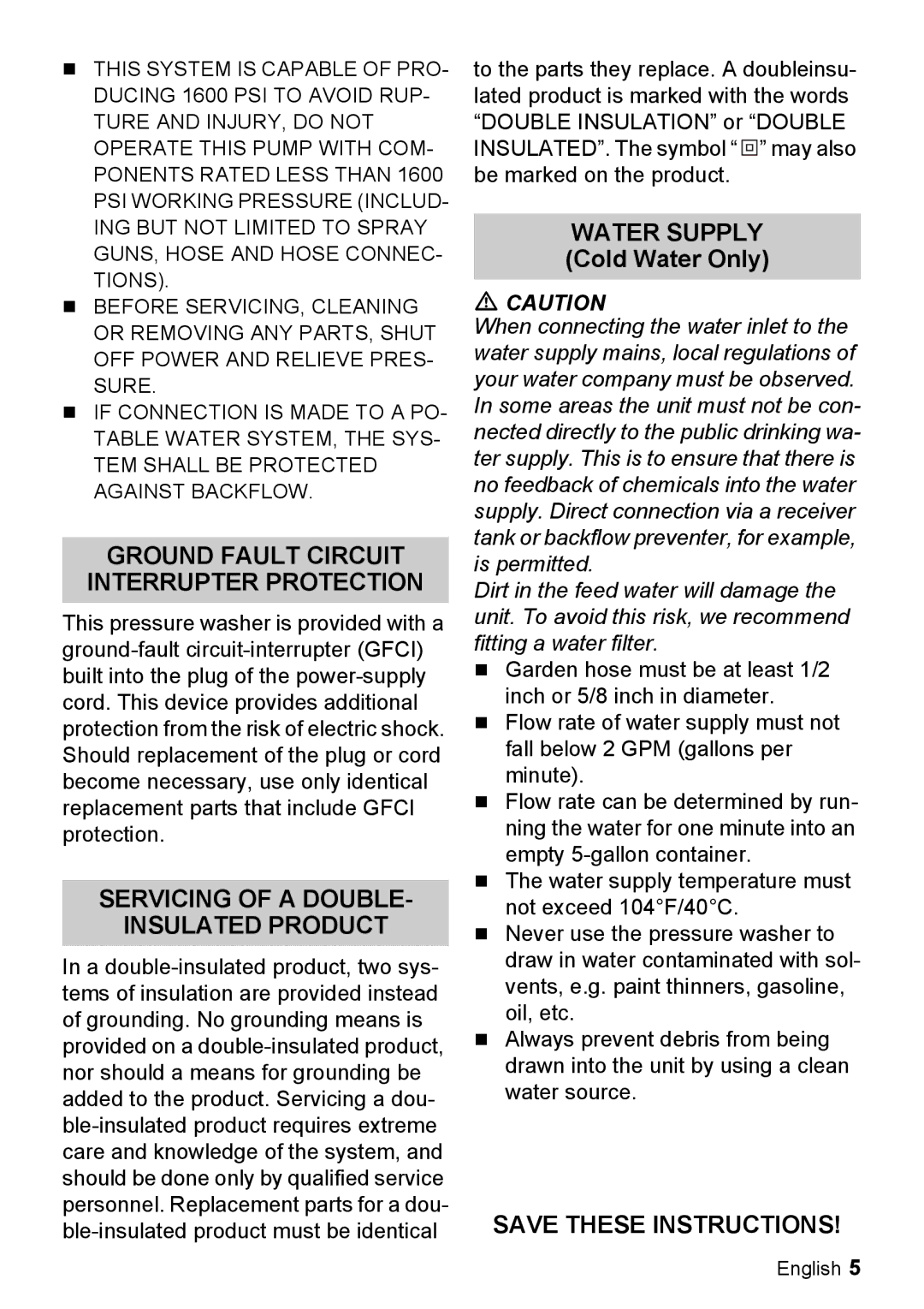 Karcher K 2.350 manual Ground Fault Circuit Interrupter Protection, Water Supply Cold Water Only 