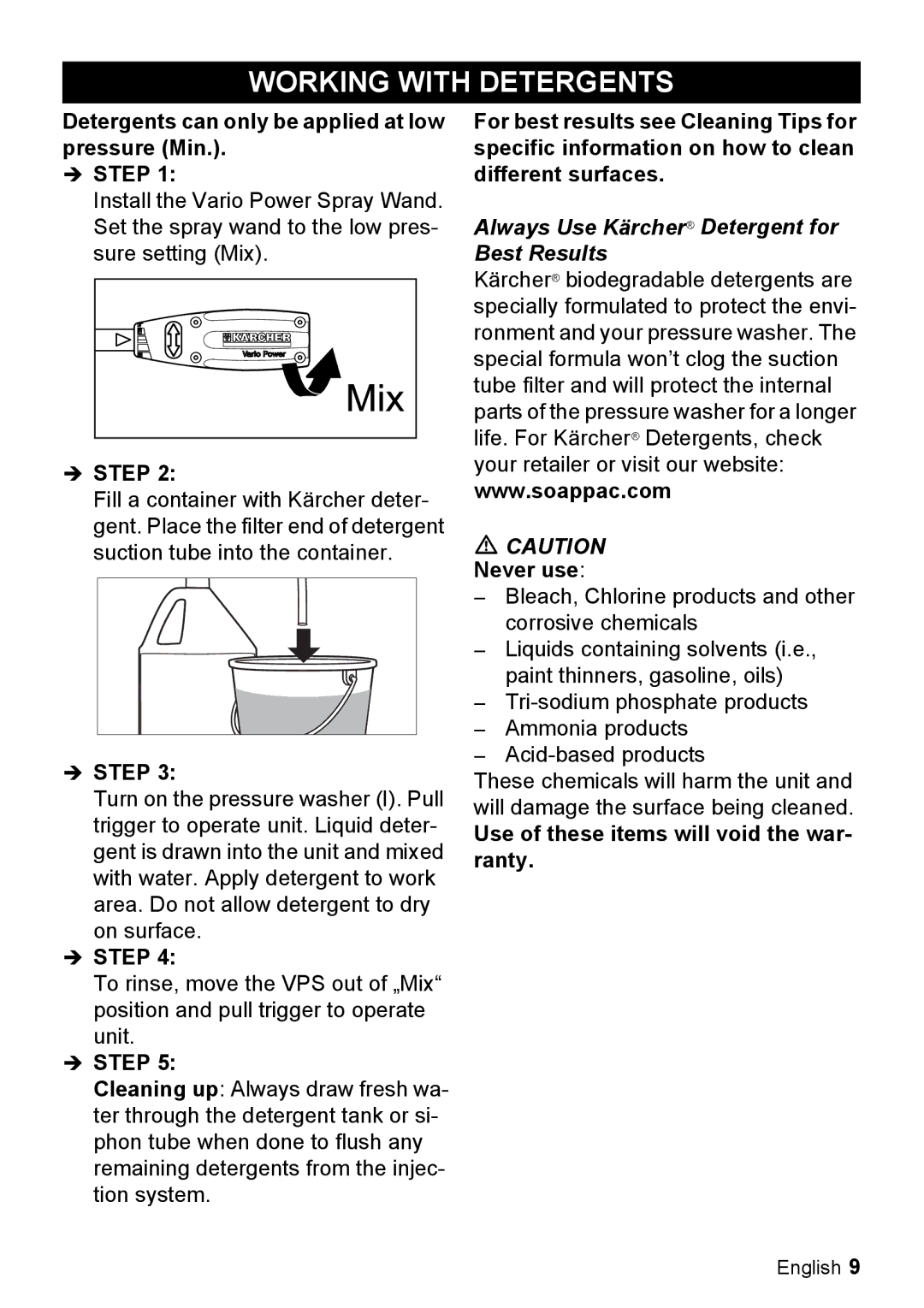 Karcher K 2.350 manual Working with Detergents, Always Use Kärcher Detergent for Best Results 