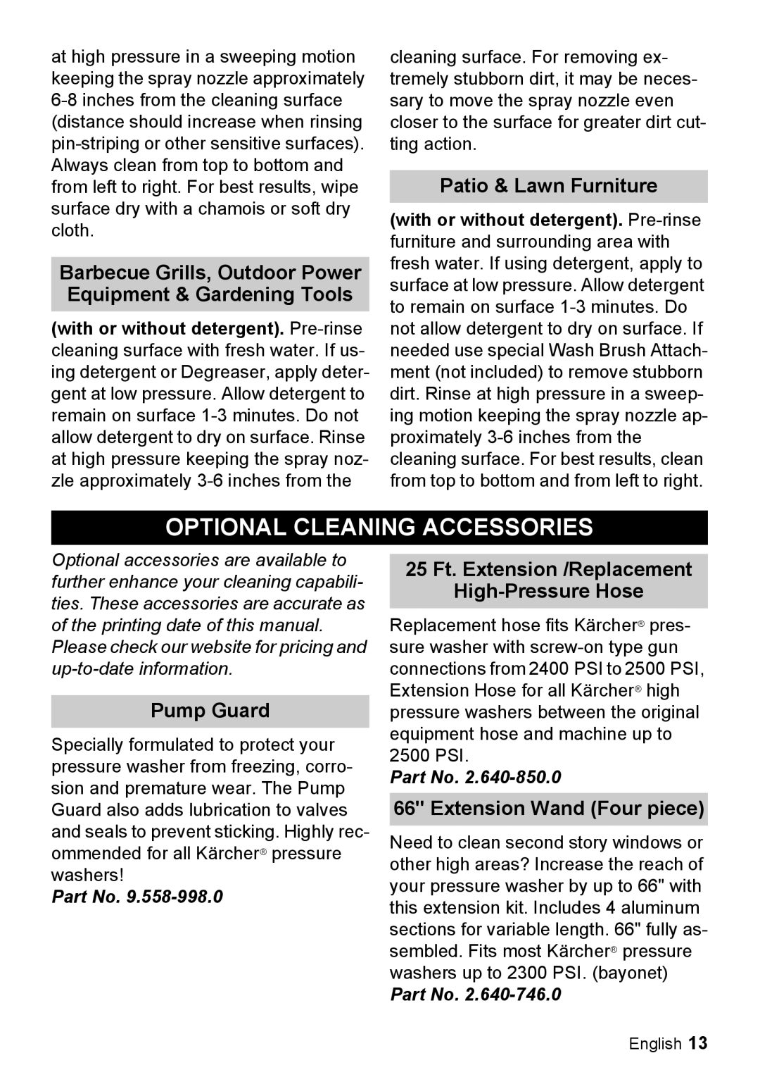 Karcher K 2.350 manual Optional Cleaning Accessories, Patio & Lawn Furniture, Pump Guard, Extension Wand Four piece 