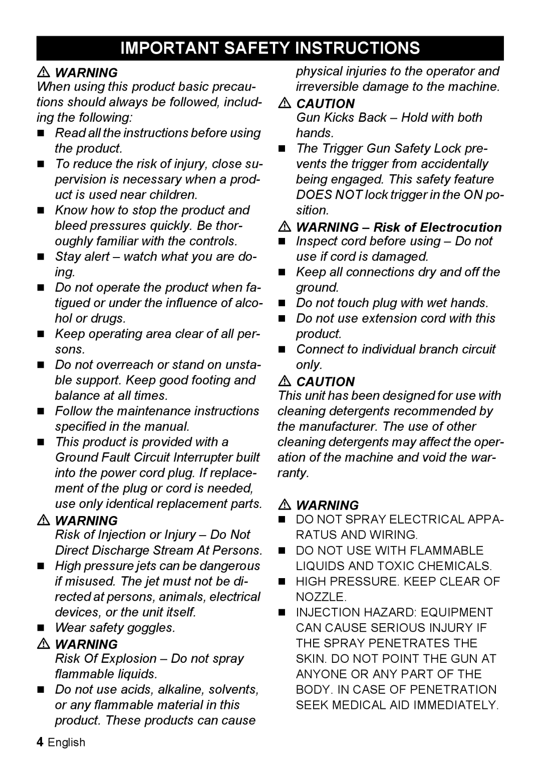 Karcher K 2.350 manual Important Safety Instructions, WARNING - Risk of Electrocution 