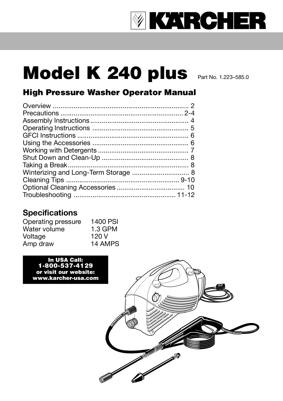 Karcher K 240 specifications Specifications 