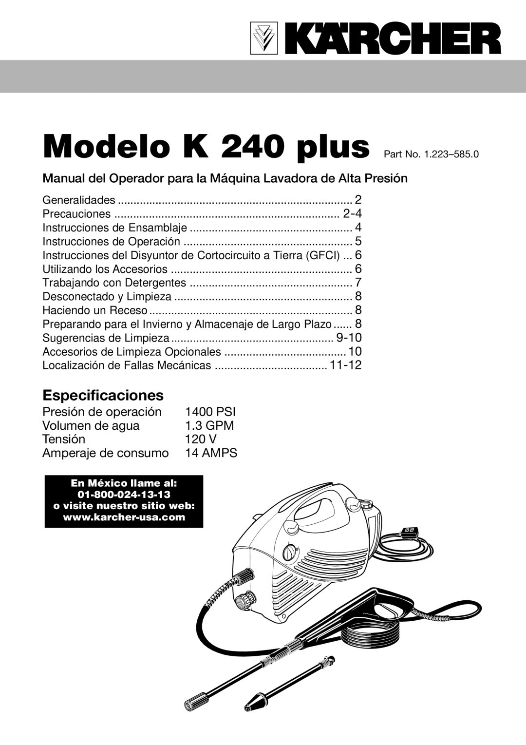 Karcher K 240 specifications Especificaciones 