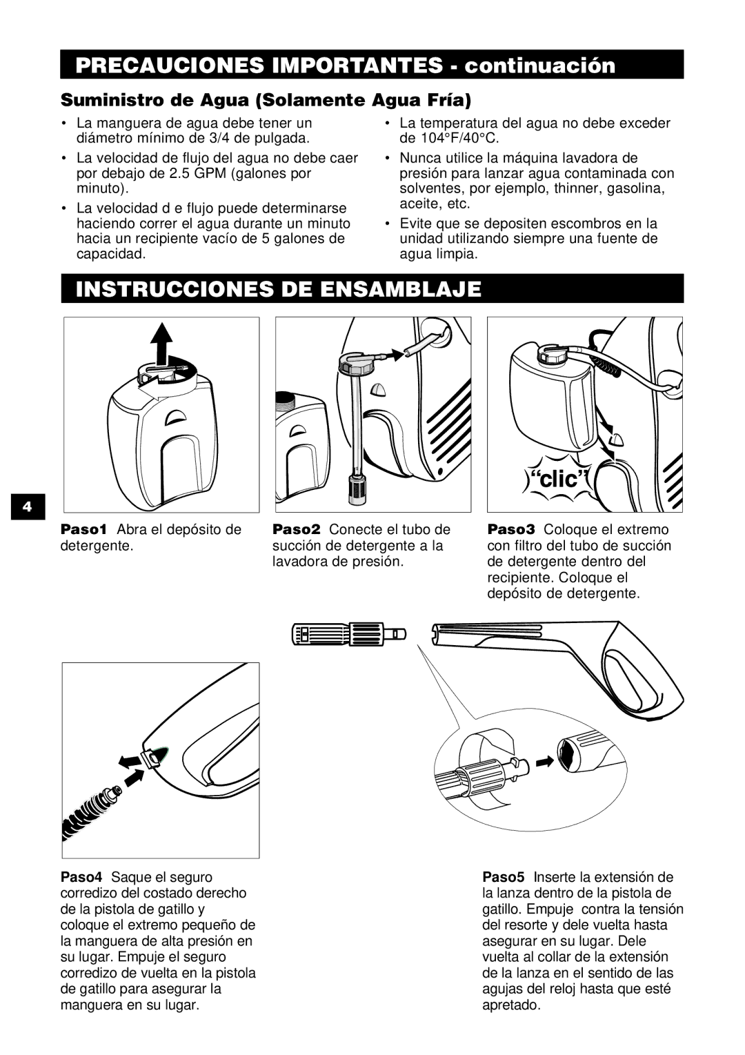 Karcher K 240 Precauciones Importantes continuación, Instrucciones DE Ensamblaje, Suministro de Agua Solamente Agua Fría 