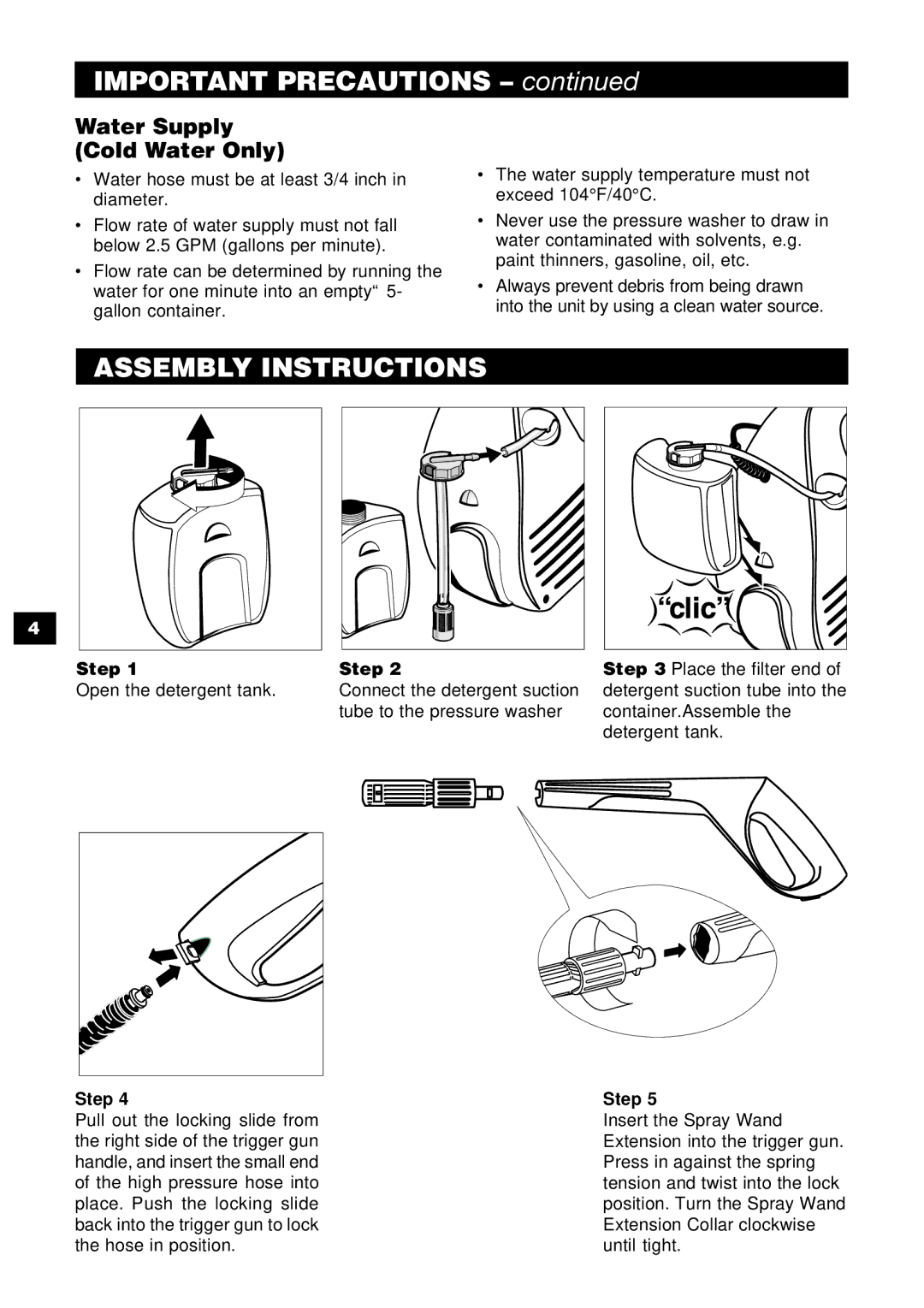 Karcher K 240 specifications Important Precautions, Assembly Instructions, Water Supply Cold Water Only, Step 