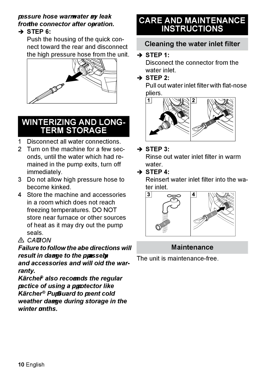 Karcher K 2.425 Care and Maintenance Instructions, Winterizing and Long Term Storage, Cleaning the water inlet filter 