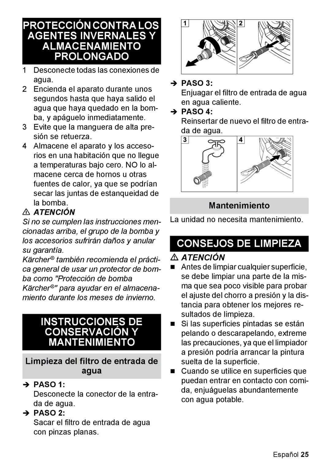 Karcher K 2.425 manual Instrucciones DE Conservación Y Mantenimiento, Consejos DE Limpieza 