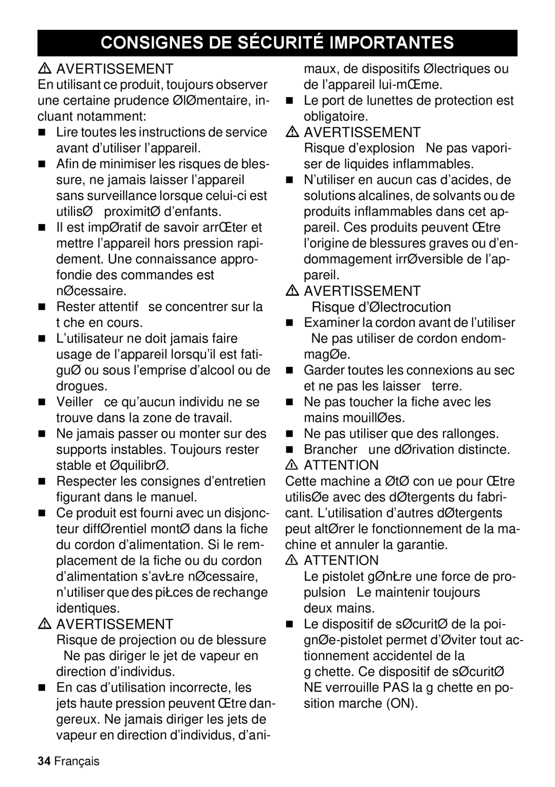 Karcher K 2.425 manual Consignes DE Sécurité Importantes, Risque délectrocution 