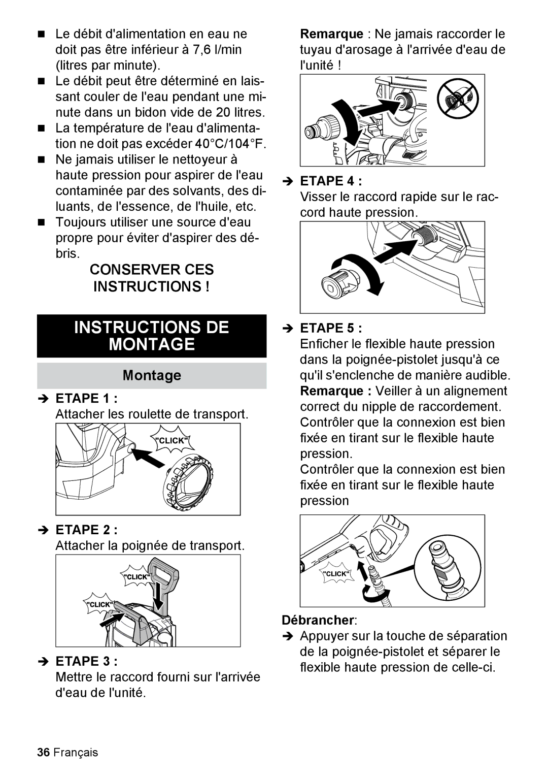 Karcher K 2.425 manual Instructions DE Montage, Débrancher 