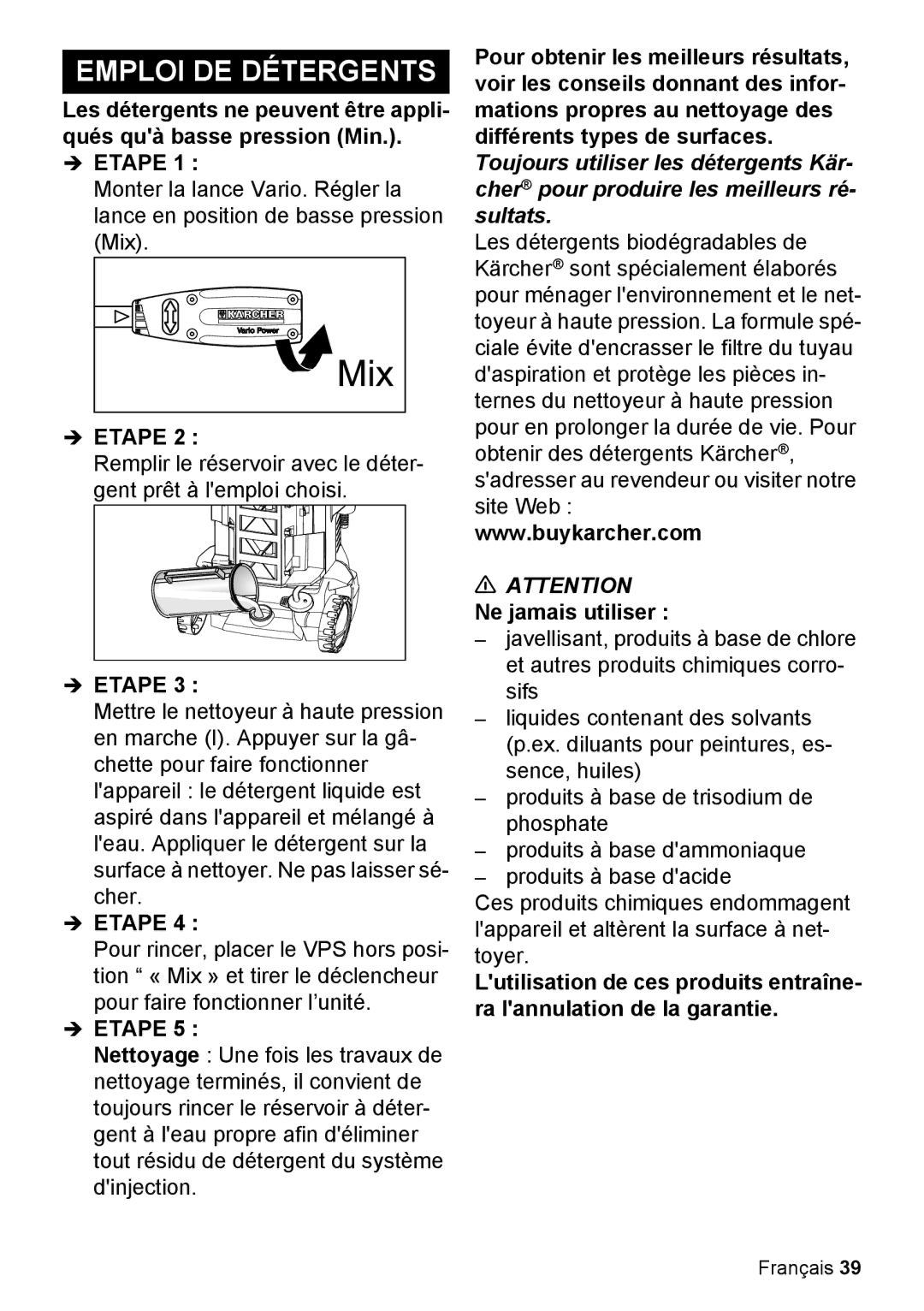 Karcher K 2.425 manual Emploi DE Détergents 