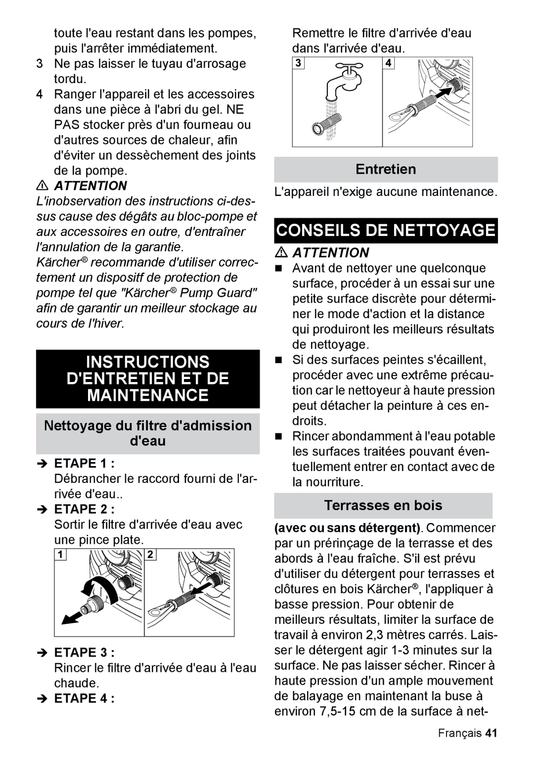 Karcher K 2.425 Instructions Dentretien ET DE Maintenance, Conseils DE Nettoyage, Nettoyage du filtre dadmission Deau 