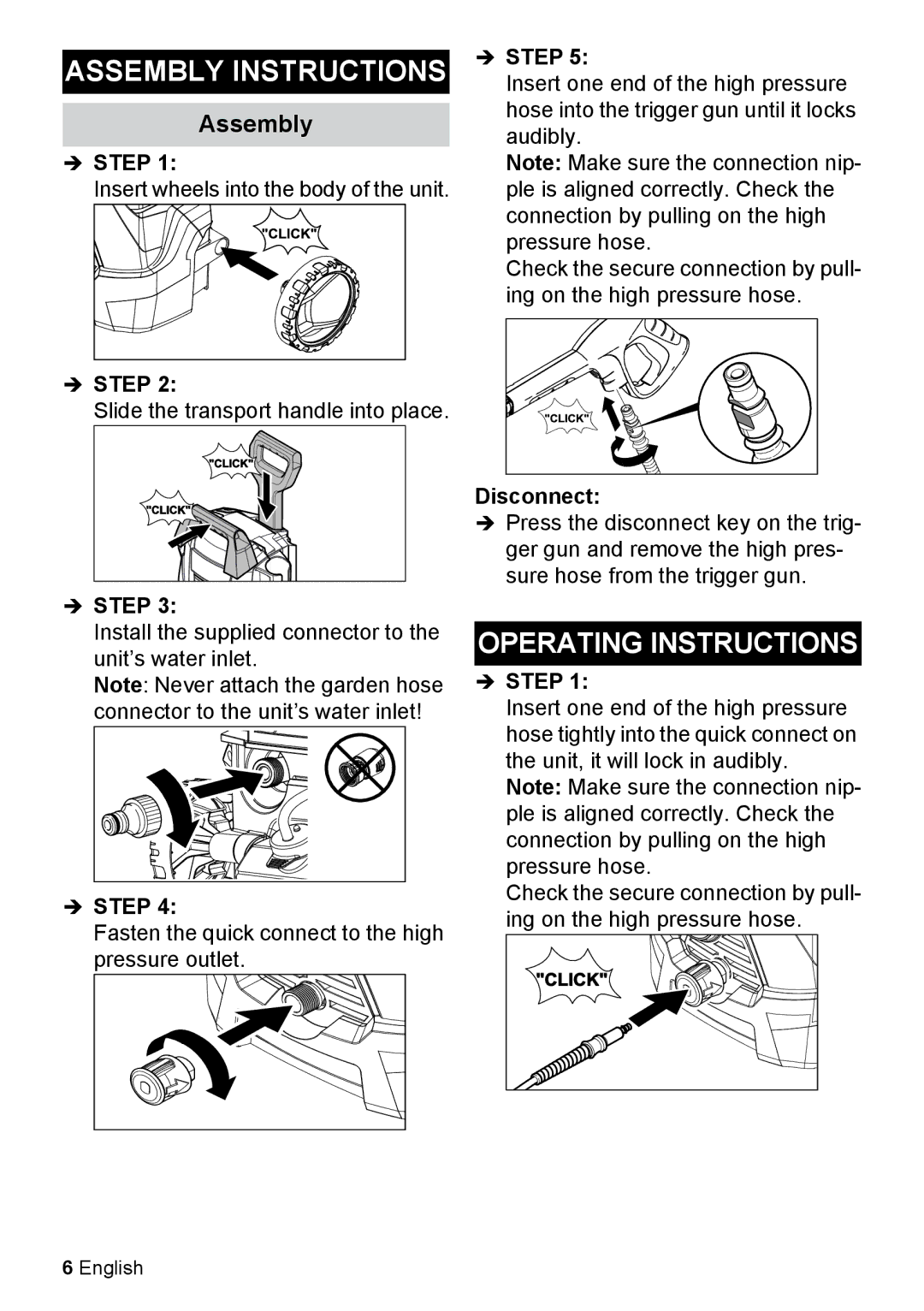 Karcher K 2.425 manual Assembly Instructions, Operating Instructions, Disconnect 