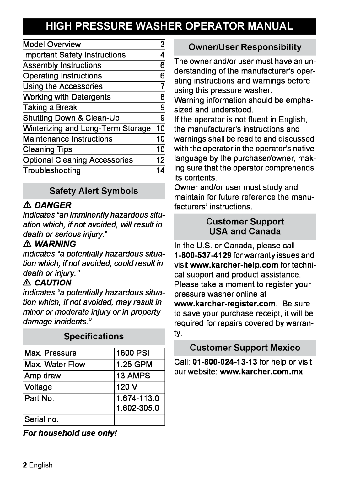 Karcher K 2.425 High Pressure Washer Operator Manual, Safety Alert Symbols, Specifications, Owner/User Responsibility 