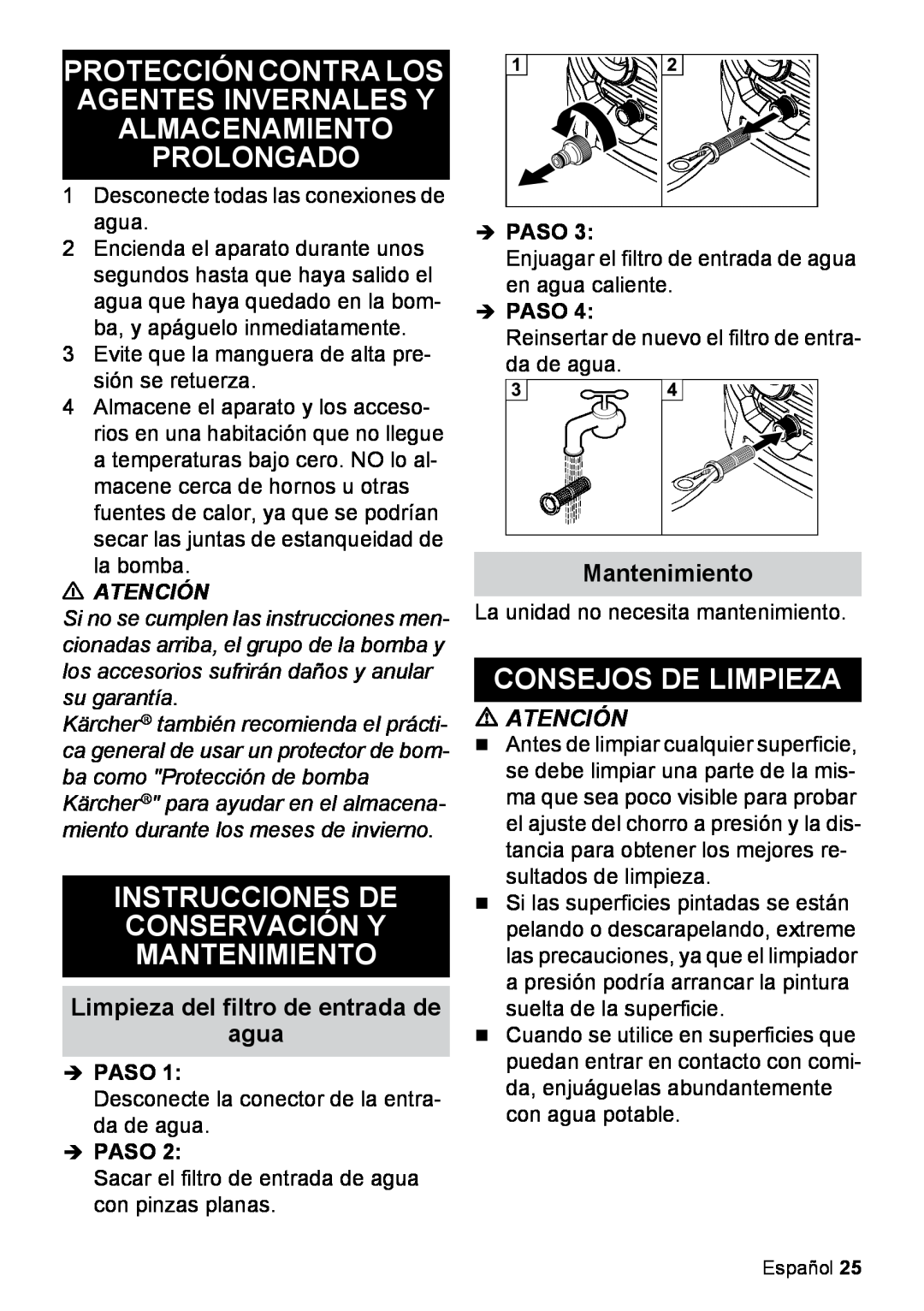 Karcher K 2.425 manual Protección Contra Los Agentes Invernales Y Almacenamiento Prolongado, Consejos De Limpieza, Atención 