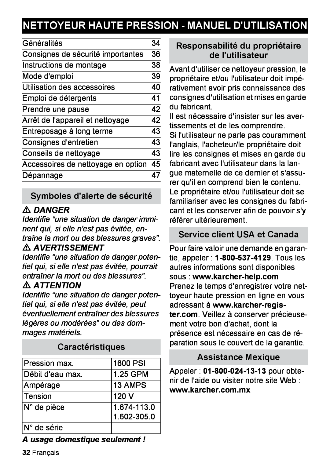 Karcher K 2.425 Nettoyeur Haute Pression - Manuel Dutilisation, Symboles dalerte de sécurité, Caractéristiques, Danger 