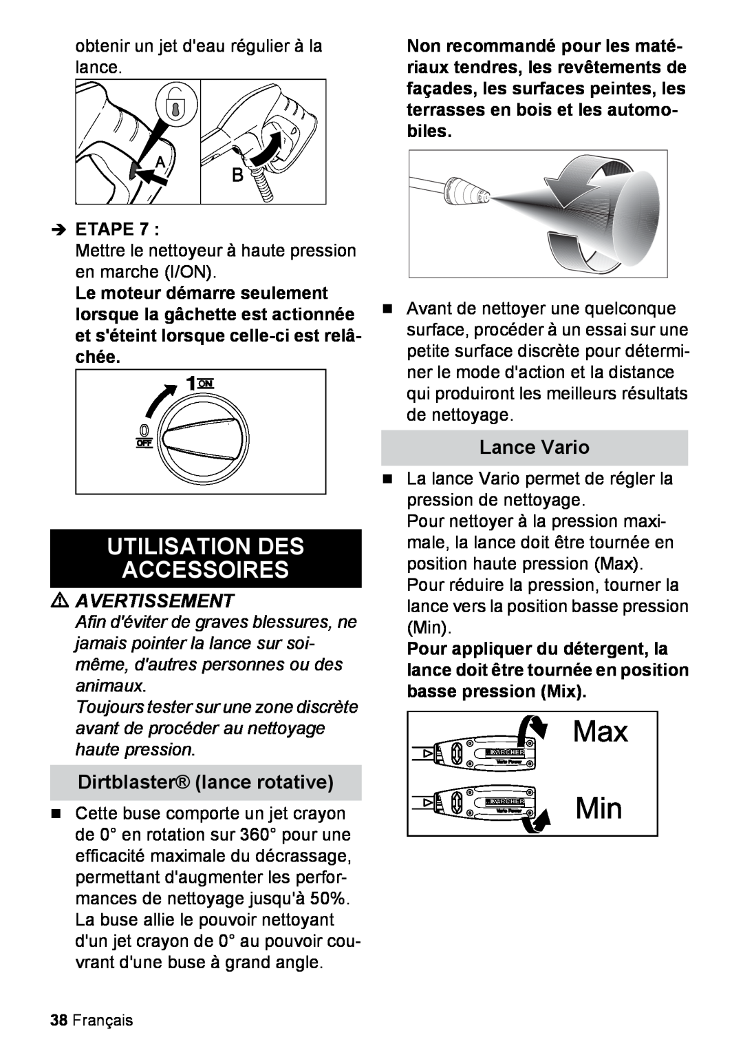 Karcher K 2.425 manual Utilisation Des Accessoires, Dirtblaster lance rotative, Lance Vario, Avertissement 