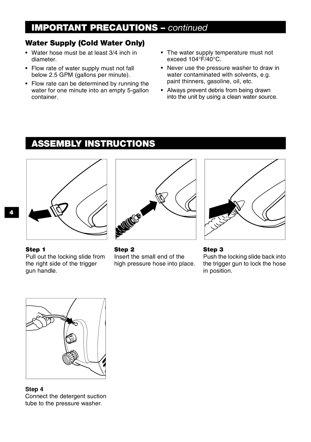 Karcher K 2.45 specifications Important Precautions, Assembly Instructions, Water Supply Cold Water Only 