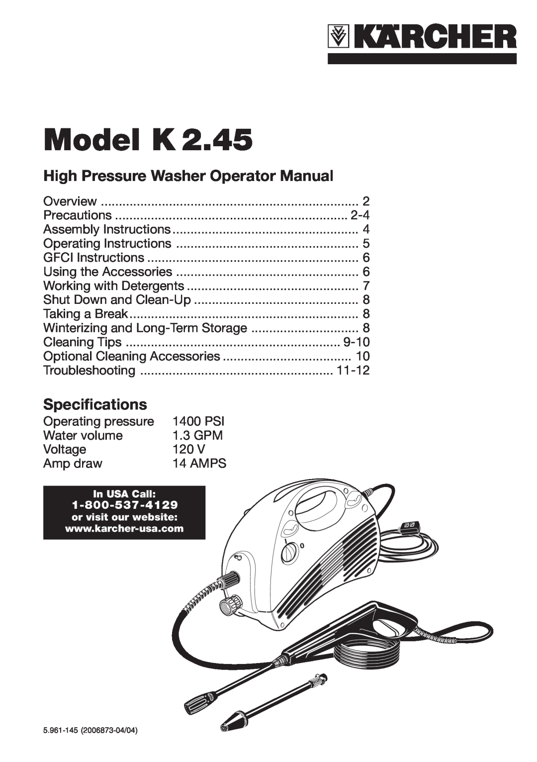 Karcher K 2.45 specifications Model K, High Pressure Washer Operator Manual, Specifications 