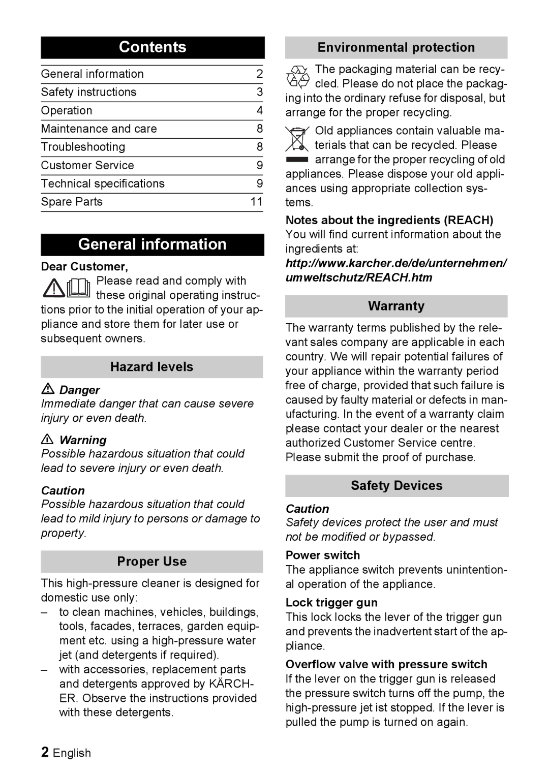 Karcher K 2.54 M manual Contents, General information 